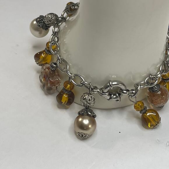 bracelet signed costume jewelry charm style faux pearl silver amber color beads - Picture 4 of 9